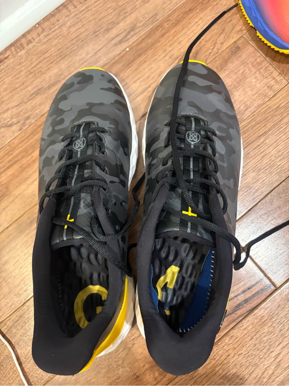 Men's Gray Camo Athletic Shoes with Yellow Accents